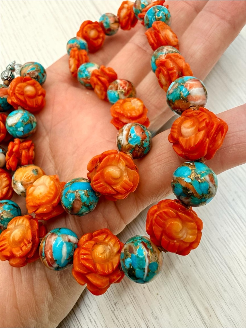 Artisan Spiny Oyster Mohave Copper Turquoise Coral Roses Sterling Necklace 18” - Picture 10 of 17